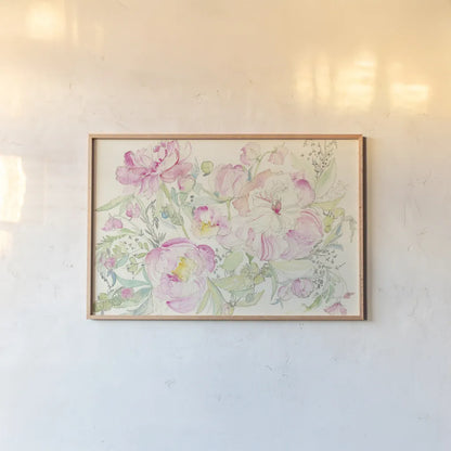 Peony Garden by Kristy Rice. shown as a paper print in a natural frame. Available as a archival giclee rolled canvas, fine art paper, or poster print. SKU 59826i.