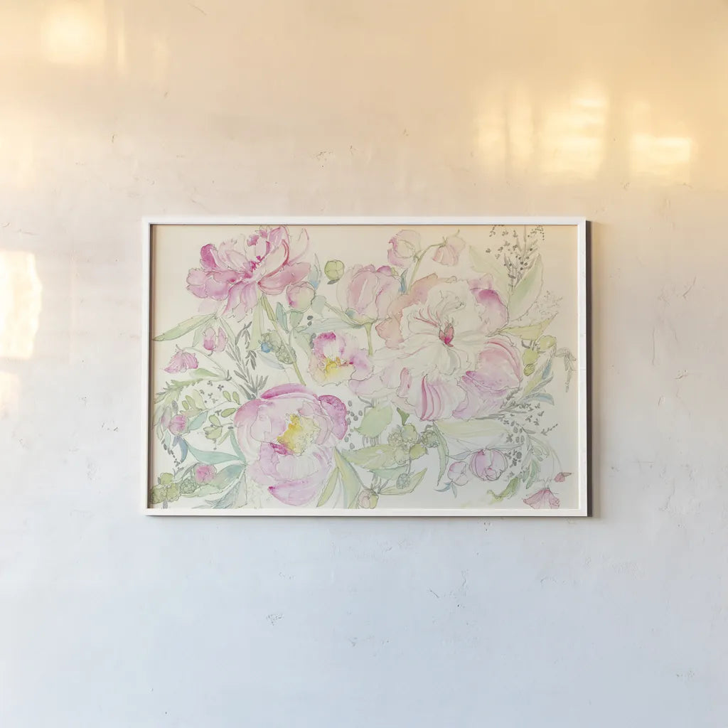 Peony Garden by Kristy Rice. shown as a paper print in a white frame. Available as a archival giclee rolled canvas, fine art paper, or poster print. SKU 59826i.