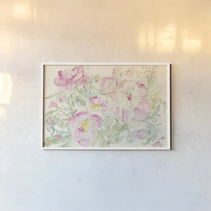 Peony Garden by Kristy Rice. shown as a paper print in a white frame. Available as a archival giclee rolled canvas, fine art paper, or poster print. SKU 59826i.