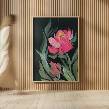 Peony on Black by Kristy Rice. shown as over sized large wall art. Available as an archival giclee rolled canvas, fine art paper, or poster print. SKU 88448h.