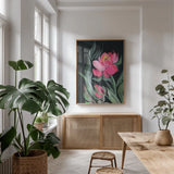 Peony on Black by Kristy Rice. shown as a print in a natural wood frame in a dining room. Available as a archival giclee rolled canvas, fine art paper, or poster print. SKU 88448h.