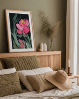 Peony on Black by Kristy Rice. shown as a paper print in a natural frame. Available as a archival giclee rolled canvas, fine art paper, or poster print. SKU 88448h.