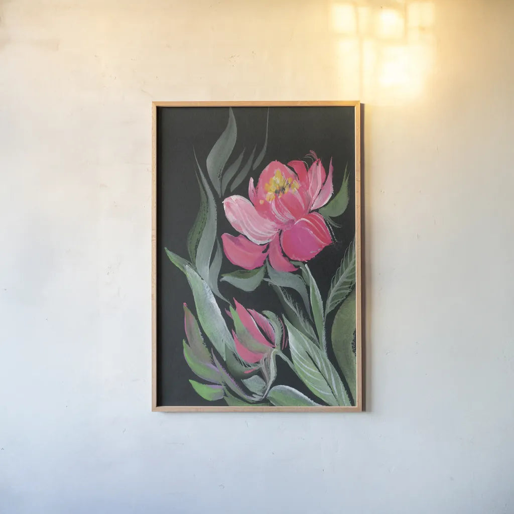 Peony on Black by Kristy Rice. shown as a paper print in a natural frame. Available as a archival giclee rolled canvas, fine art paper, or poster print. SKU 88448h.
