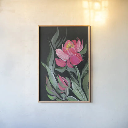 Peony on Black by Kristy Rice. shown as a paper print in a natural frame. Available as a archival giclee rolled canvas, fine art paper, or poster print. SKU 88448h.