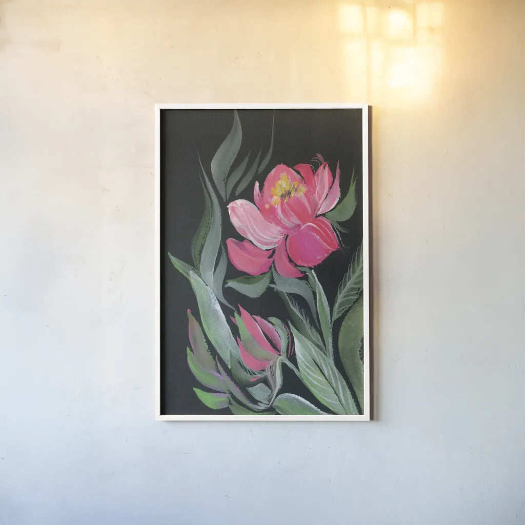 Peony on Black by Kristy Rice. shown as a paper print in a white frame. Available as a archival giclee rolled canvas, fine art paper, or poster print. SKU 88448h.