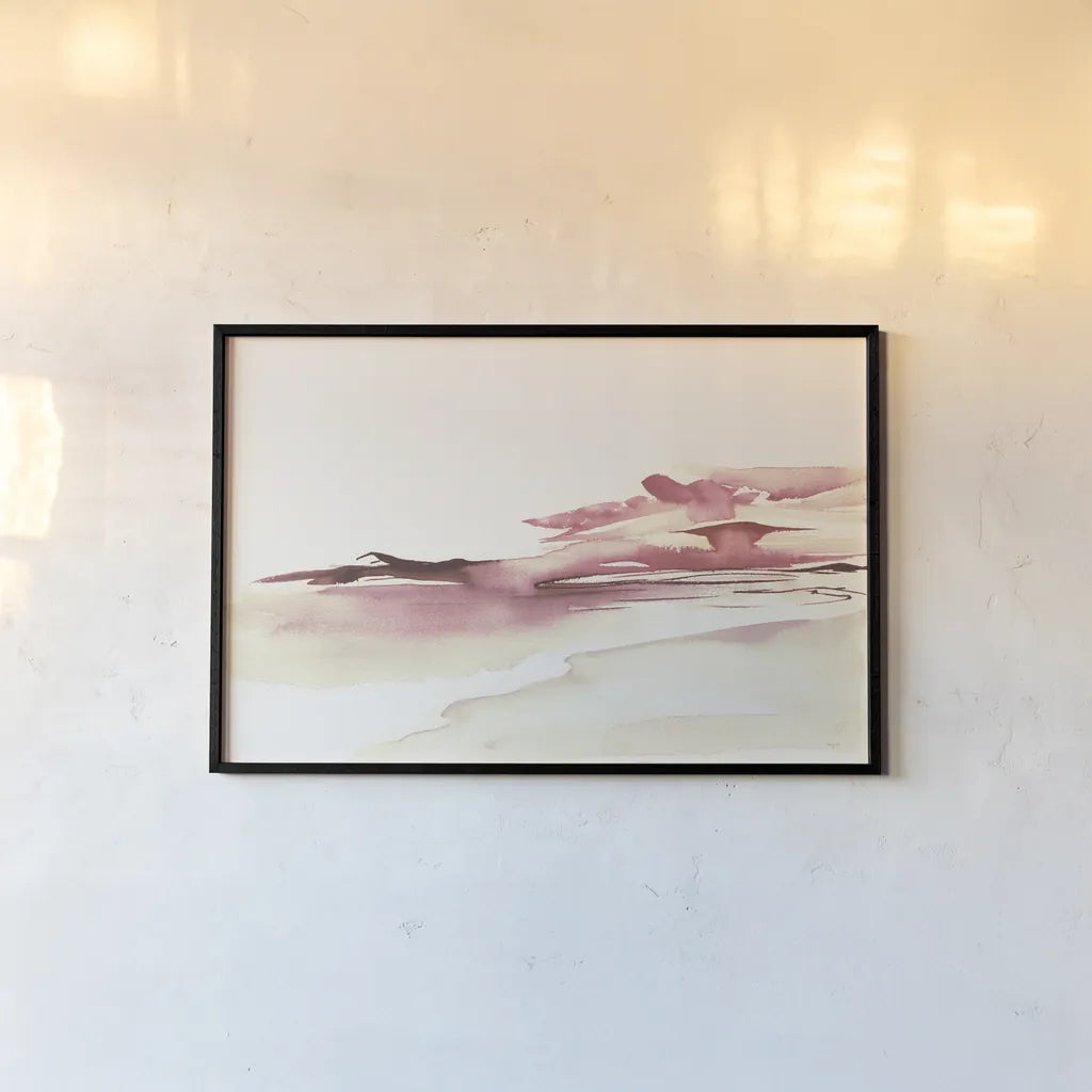 Pink Coastal Sunset by Kristy Rice. shown as a paper print in a black flame. Available as a archival giclee rolled canvas, fine art paper, or poster print. SKU 67072i.