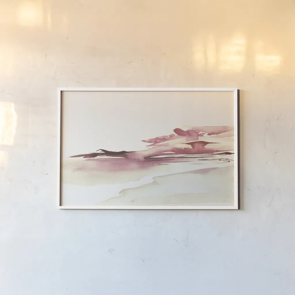 Pink Coastal Sunset by Kristy Rice. shown as a paper print in a white frame. Available as a archival giclee rolled canvas, fine art paper, or poster print. SKU 67072i.