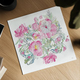 Pink Peonies by Kristy Rice. Shown as a detailed flat fine art print, highlighting archival giclee quality. Available as an archival giclee rolled canvas, fine art paper, or poster print. SKU 54039a.
