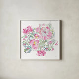 Pink Peonies by Kristy Rice. Shown in a crisp white glass frame for a clean and minimalist style. Available as an archival giclee rolled canvas, fine art paper, or poster print. SKU 54039a.