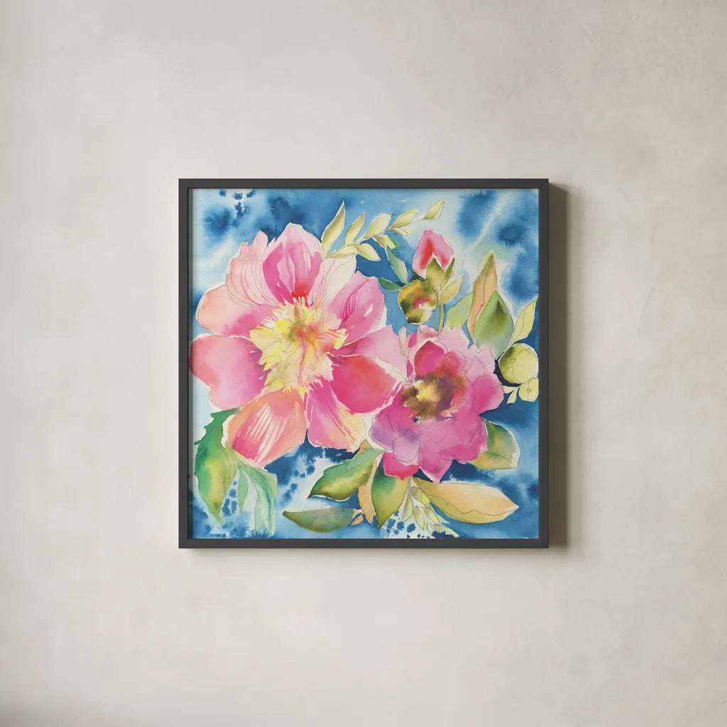 Pink Petals by Kristy Rice. Shown in a sleek black glass frame for a contemporary gallery look. Available as an archival giclee rolled canvas, fine art paper, or poster print. SKU 100916a.