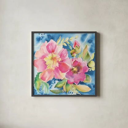 Pink Petals by Kristy Rice. Shown in a sleek black glass frame for a contemporary gallery look. Available as an archival giclee rolled canvas, fine art paper, or poster print. SKU 100916a.
