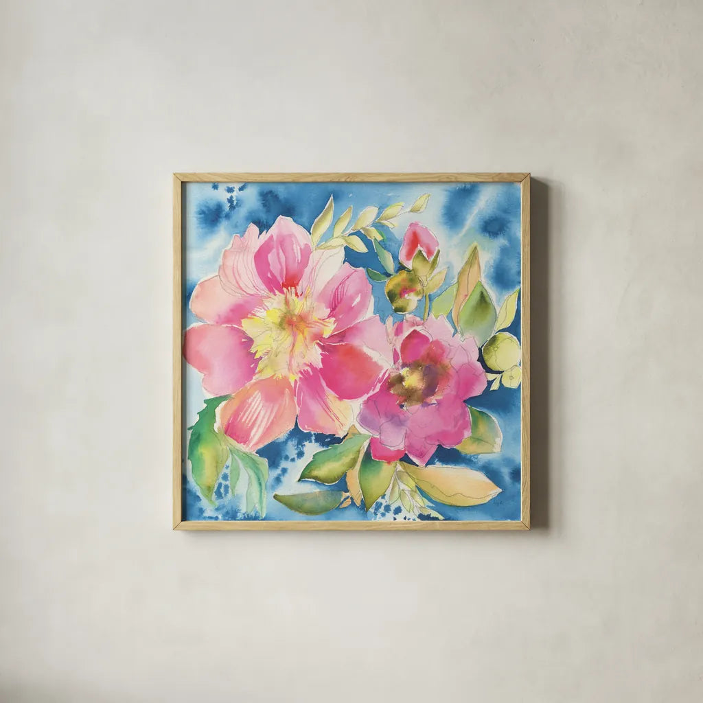 Pink Petals by Kristy Rice. Shown in a natural wood glass frame for a timeless modern aesthetic. Available as an archival giclee rolled canvas, fine art paper, or poster print. SKU 100916a.