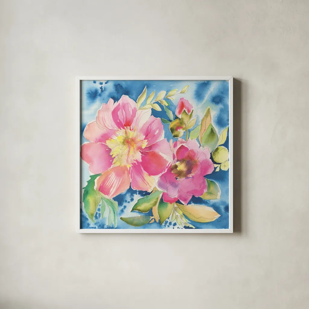 Pink Petals by Kristy Rice. Shown in a crisp white glass frame for a clean and minimalist style. Available as an archival giclee rolled canvas, fine art paper, or poster print. SKU 100916a.