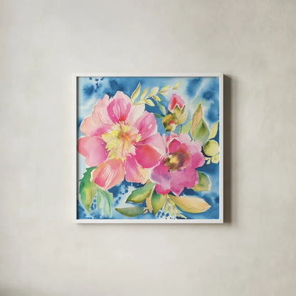 Pink Petals by Kristy Rice. Shown in a crisp white glass frame for a clean and minimalist style. Available as an archival giclee rolled canvas, fine art paper, or poster print. SKU 100916a.