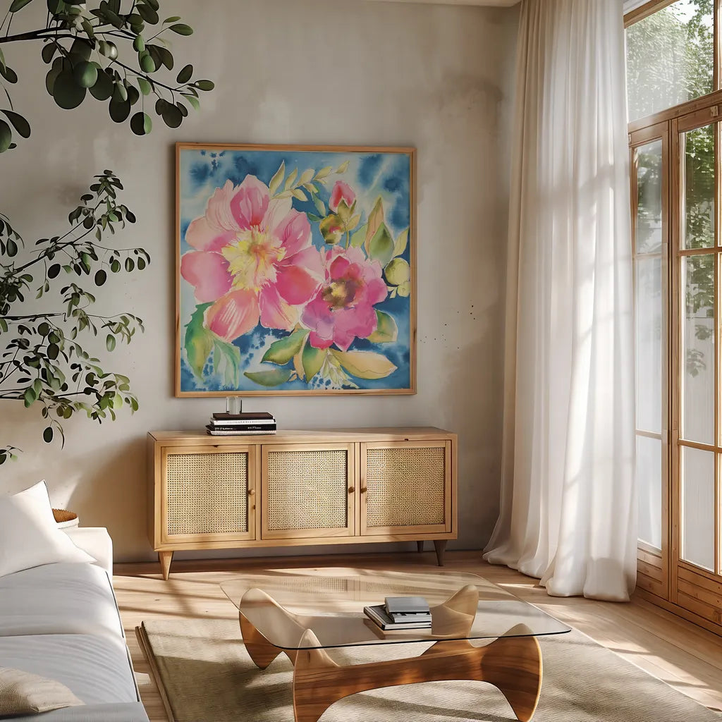 Pink Petals by Kristy Rice. Shown in a natural wood frame in a cozy modern living room. Available as an archival giclee rolled canvas, fine art paper, or poster print. SKU 100916a.