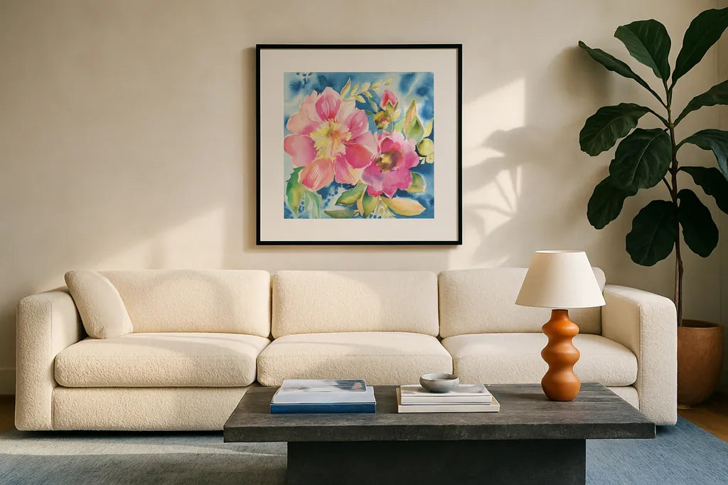 Pink Petals by Kristy Rice. Displayed in a glass frame with matte in a clean modern living room. Available as an archival giclee rolled canvas, fine art paper, or poster print. SKU 100916a.