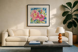 Pink Petals by Kristy Rice. Displayed in a glass frame with matte in a clean modern living room. Available as an archival giclee rolled canvas, fine art paper, or poster print. SKU 100916a.