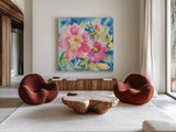 Pink Petals by Kristy Rice. Shown as extra-large giant wall art in a modern living room. Available as an archival giclee rolled canvas, fine art paper, or poster print. SKU 100916a.
