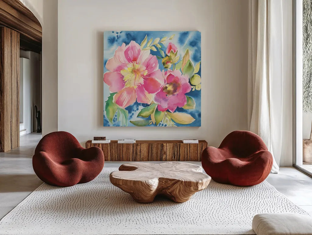 Pink Petals by Kristy Rice. Shown as extra-large giant wall art in a modern living room. Available as an archival giclee rolled canvas, fine art paper, or poster print. SKU 100916a.