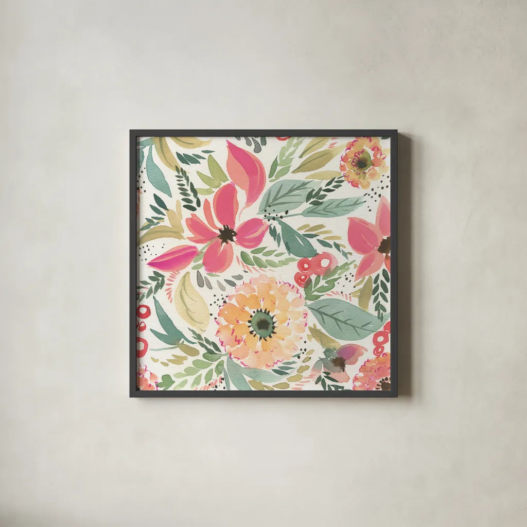 Playful Sping by Kristy Rice. Shown in a sleek black glass frame for a contemporary gallery look. Available as an archival giclee rolled canvas, fine art paper, or poster print. SKU 102004a.