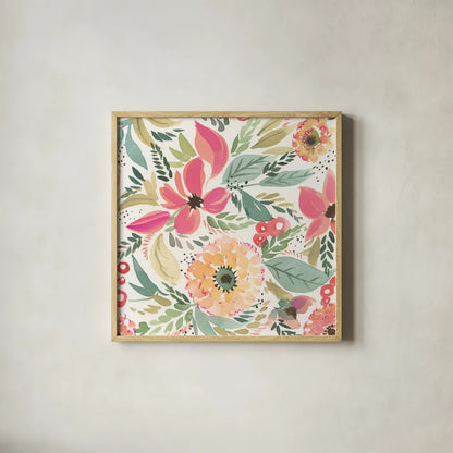 Playful Sping by Kristy Rice. Shown in a natural wood glass frame for a timeless modern aesthetic. Available as an archival giclee rolled canvas, fine art paper, or poster print. SKU 102004a.