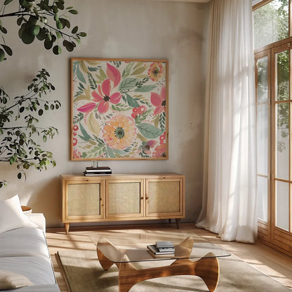 Playful Sping by Kristy Rice. Shown in a natural wood frame in a cozy modern living room. Available as an archival giclee rolled canvas, fine art paper, or poster print. SKU 102004a.