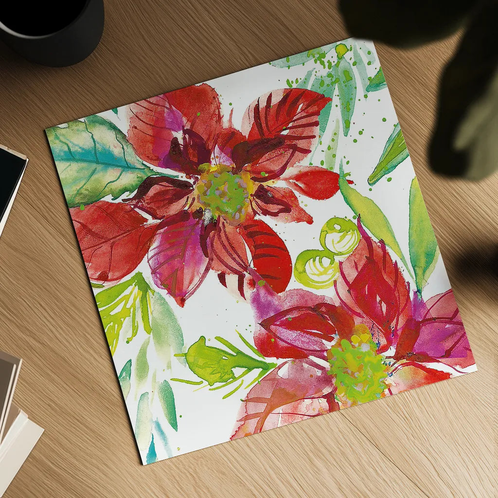 Poinsettia Pretty I by Kristy Rice. Shown as a detailed flat fine art print, highlighting archival giclee quality. Available as an archival giclee rolled canvas, fine art paper, or poster print. SKU 41890a.