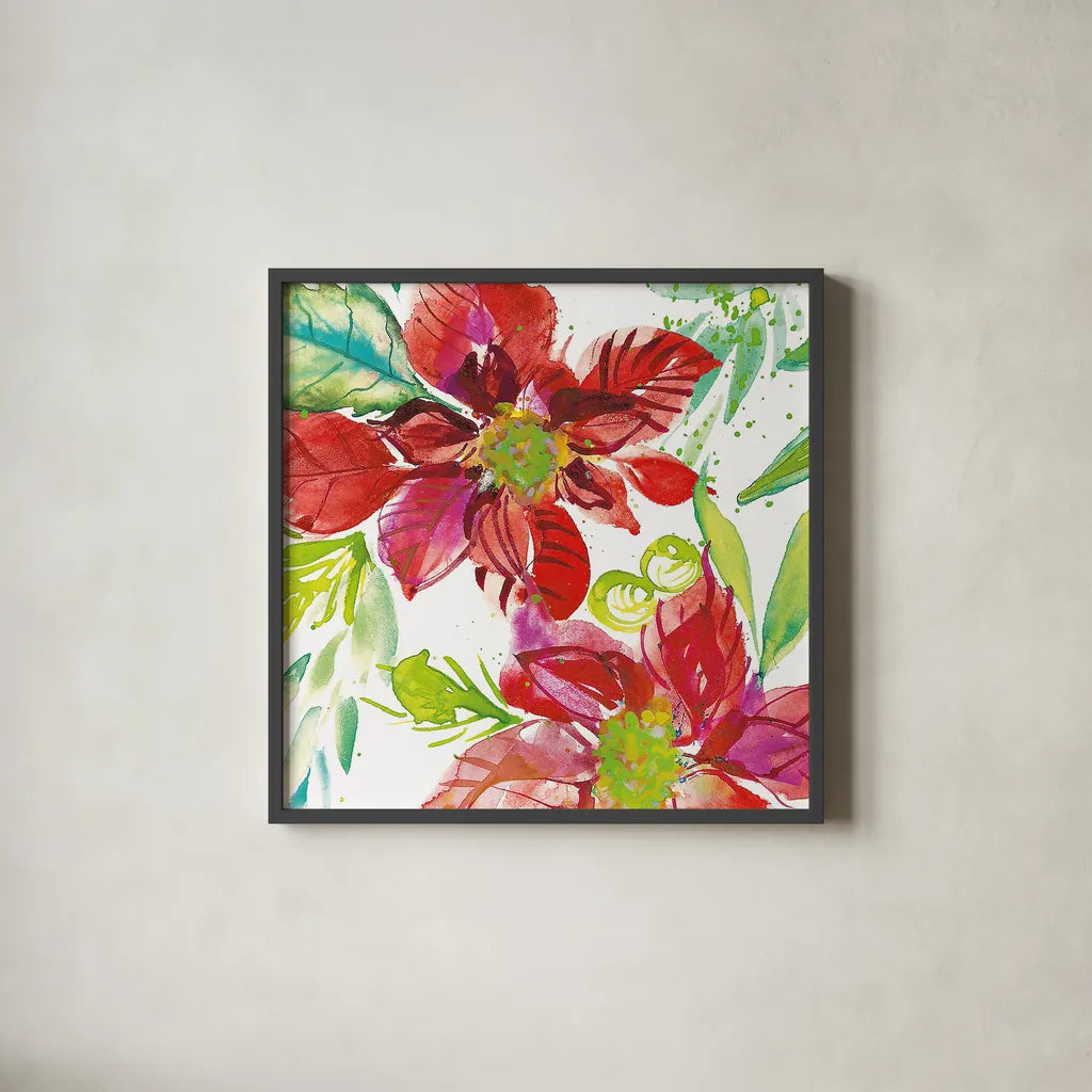 Poinsettia Pretty I by Kristy Rice. Shown in a sleek black glass frame for a contemporary gallery look. Available as an archival giclee rolled canvas, fine art paper, or poster print. SKU 41890a.