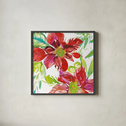 Poinsettia Pretty I by Kristy Rice. Shown in a sleek black glass frame for a contemporary gallery look. Available as an archival giclee rolled canvas, fine art paper, or poster print. SKU 41890a.
