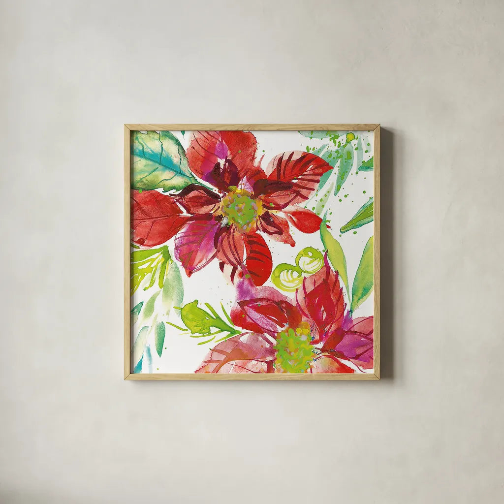 Poinsettia Pretty I by Kristy Rice. Shown in a natural wood glass frame for a timeless modern aesthetic. Available as an archival giclee rolled canvas, fine art paper, or poster print. SKU 41890a.