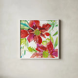 Poinsettia Pretty I by Kristy Rice. Shown in a crisp white glass frame for a clean and minimalist style. Available as an archival giclee rolled canvas, fine art paper, or poster print. SKU 41890a.