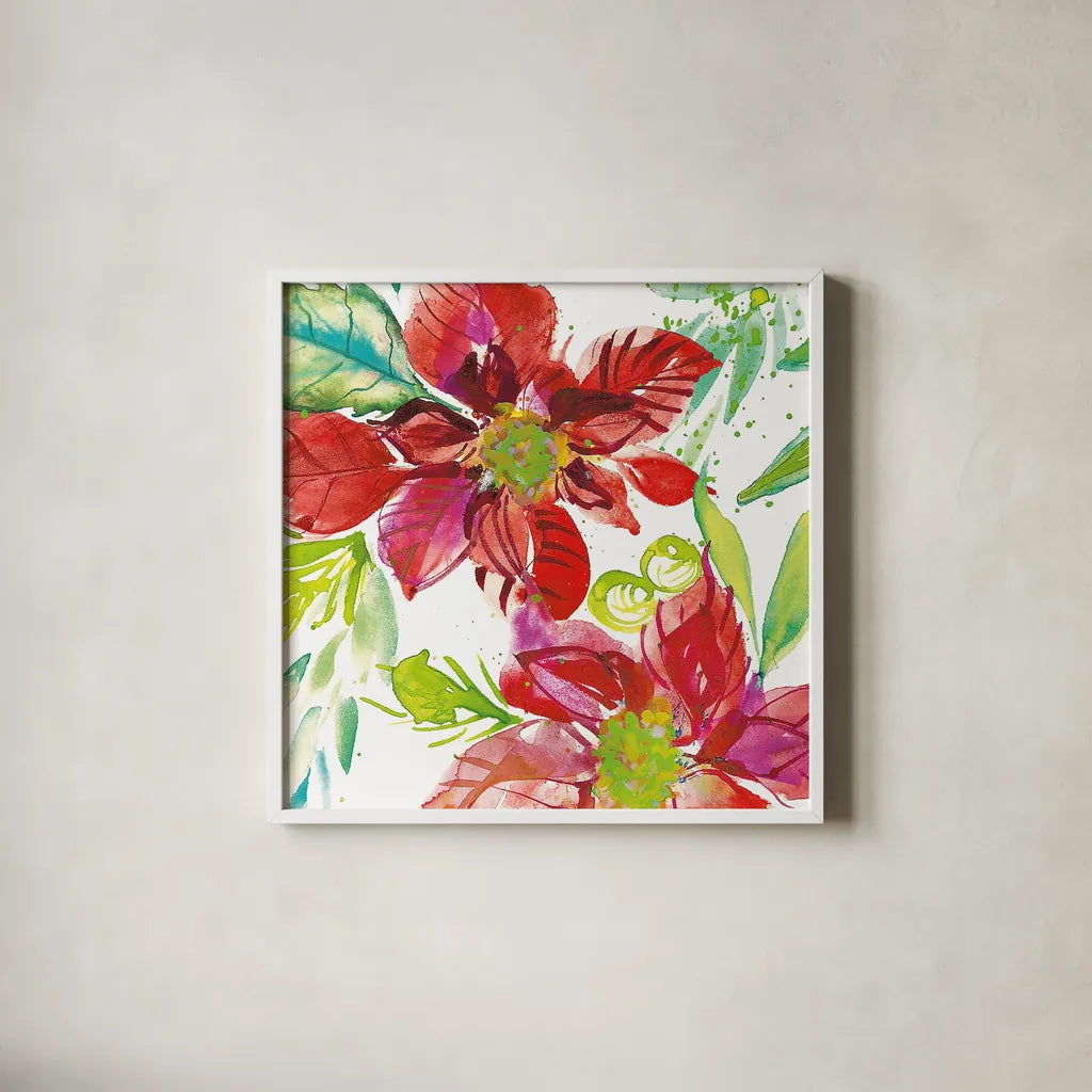 Poinsettia Pretty I by Kristy Rice. Shown in a crisp white glass frame for a clean and minimalist style. Available as an archival giclee rolled canvas, fine art paper, or poster print. SKU 41890a.