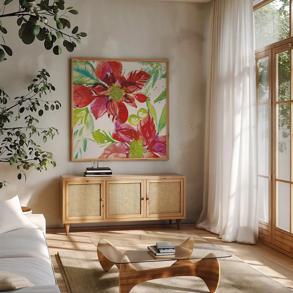 Poinsettia Pretty I by Kristy Rice. Shown in a natural wood frame in a cozy modern living room. Available as an archival giclee rolled canvas, fine art paper, or poster print. SKU 41890a.