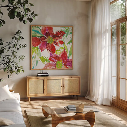Poinsettia Pretty I by Kristy Rice. Shown in a natural wood frame in a cozy modern living room. Available as an archival giclee rolled canvas, fine art paper, or poster print. SKU 41890a.