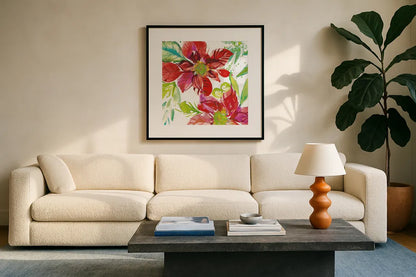 Poinsettia Pretty I by Kristy Rice. Displayed in a glass frame with matte in a clean modern living room. Available as an archival giclee rolled canvas, fine art paper, or poster print. SKU 41890a.