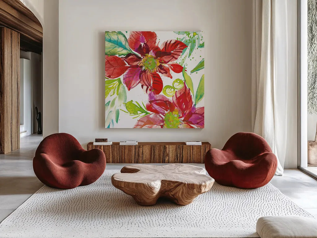 Poinsettia Pretty I by Kristy Rice. Shown as extra-large giant wall art in a modern living room. Available as an archival giclee rolled canvas, fine art paper, or poster print. SKU 41890a.