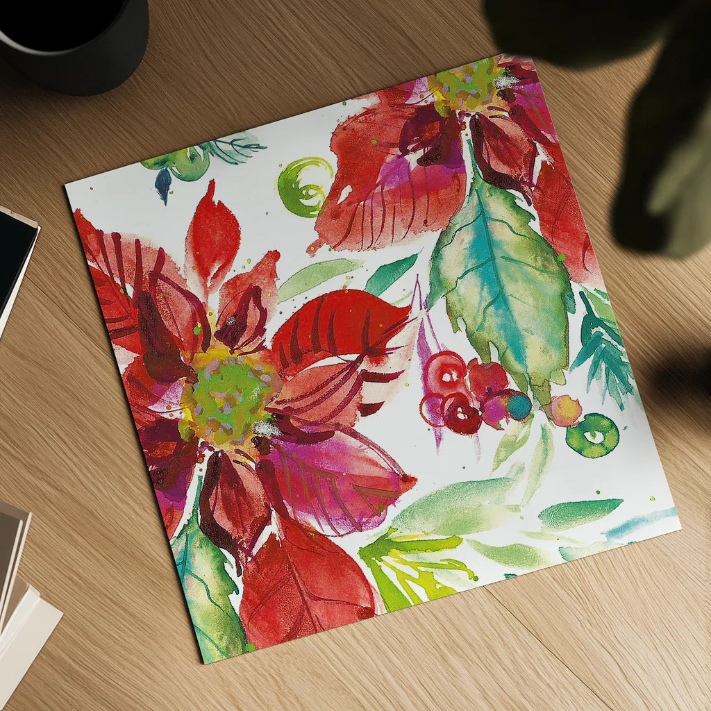 Poinsettia Pretty II by Kristy Rice. Shown as a detailed flat fine art print, highlighting archival giclee quality. Available as an archival giclee rolled canvas, fine art paper, or poster print. SKU 41891a.