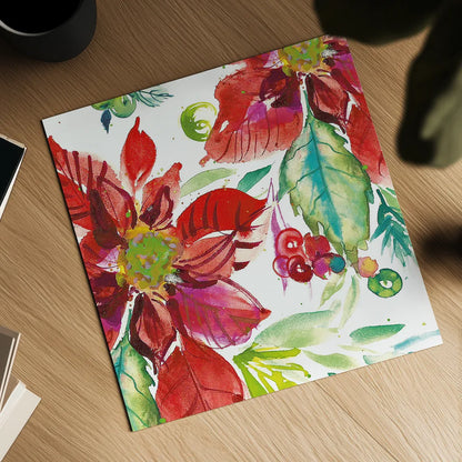 Poinsettia Pretty II by Kristy Rice. Shown as a detailed flat fine art print, highlighting archival giclee quality. Available as an archival giclee rolled canvas, fine art paper, or poster print. SKU 41891a.