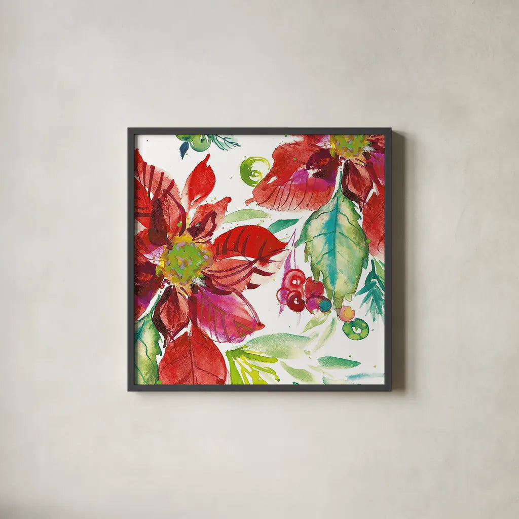 Poinsettia Pretty II by Kristy Rice. Shown in a sleek black glass frame for a contemporary gallery look. Available as an archival giclee rolled canvas, fine art paper, or poster print. SKU 41891a.