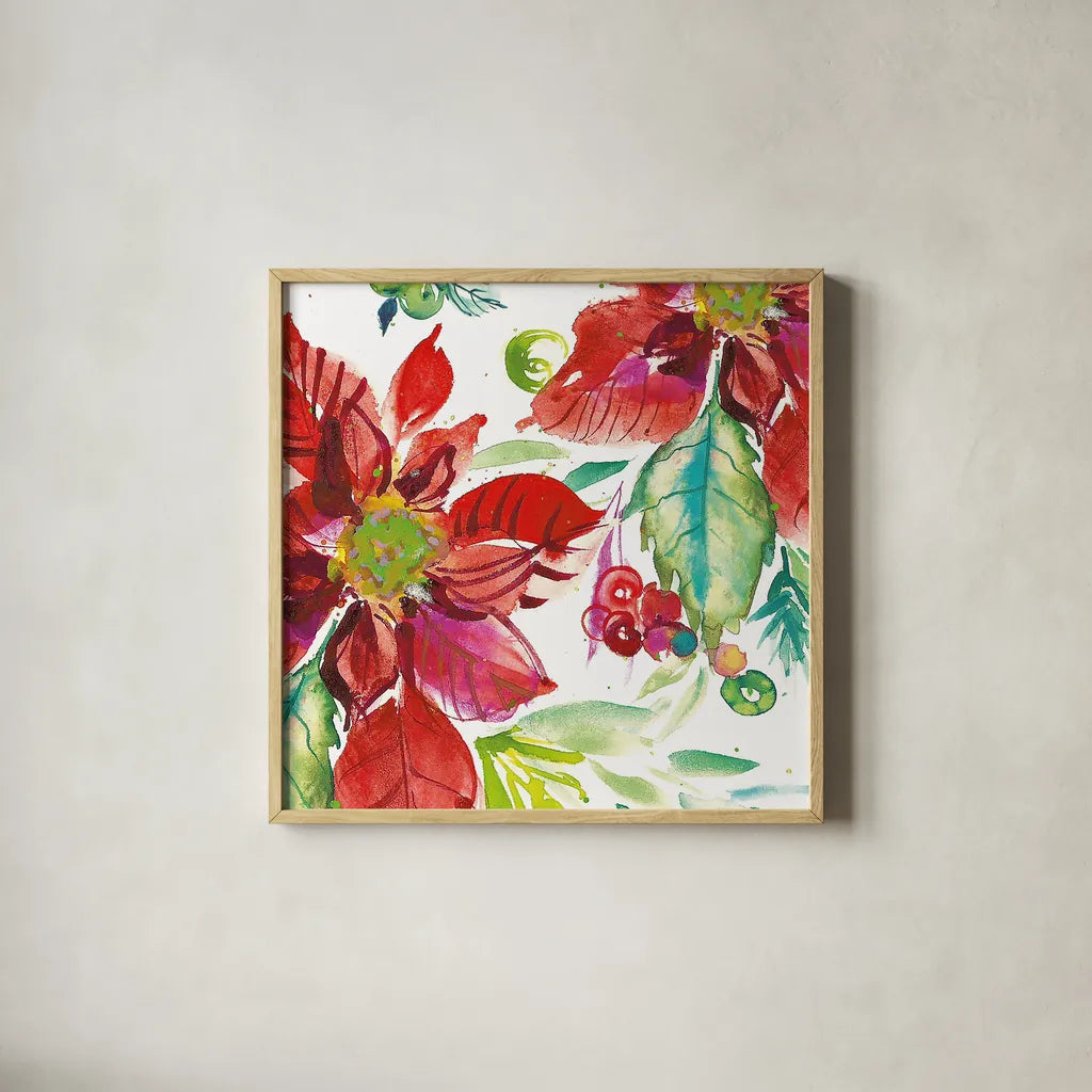 Poinsettia Pretty II by Kristy Rice. Shown in a natural wood glass frame for a timeless modern aesthetic. Available as an archival giclee rolled canvas, fine art paper, or poster print. SKU 41891a.