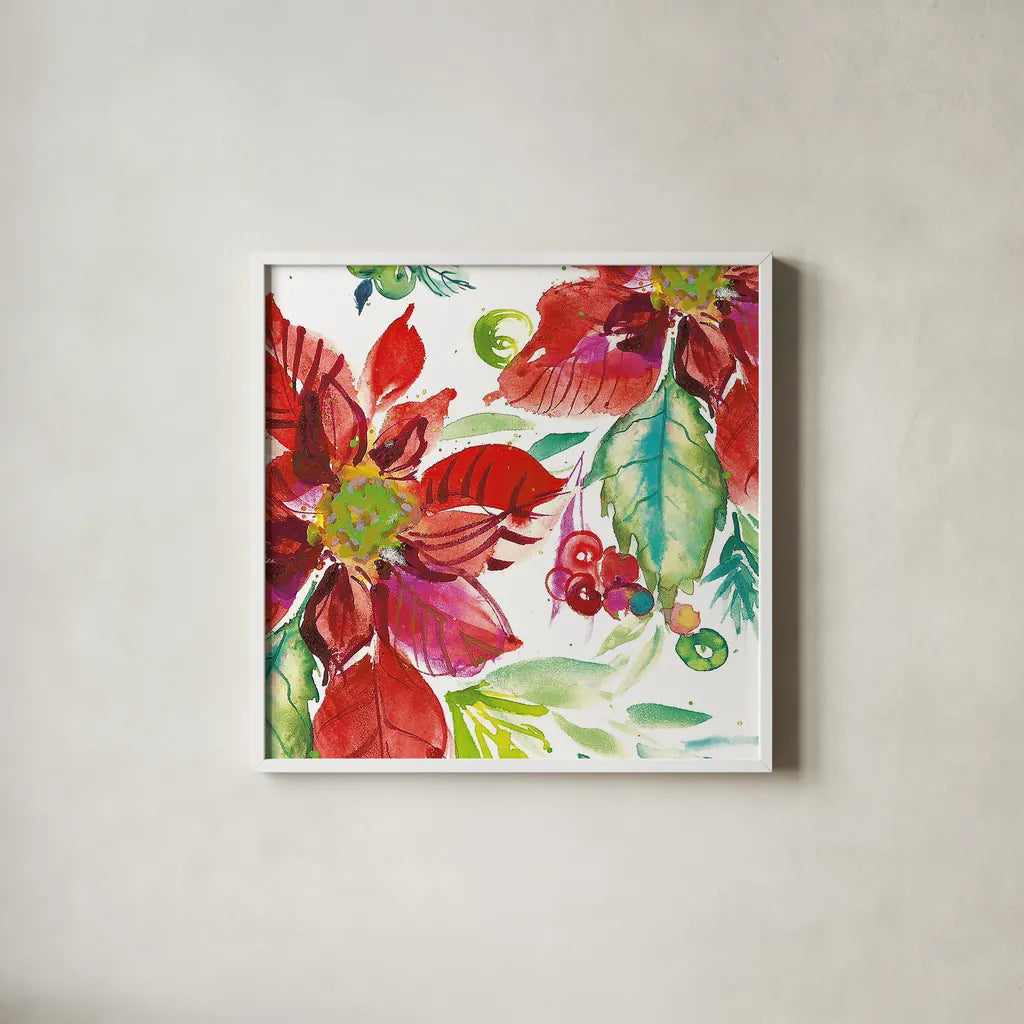 Poinsettia Pretty II by Kristy Rice. Shown in a crisp white glass frame for a clean and minimalist style. Available as an archival giclee rolled canvas, fine art paper, or poster print. SKU 41891a.
