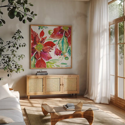 Poinsettia Pretty II by Kristy Rice. Shown in a natural wood frame in a cozy modern living room. Available as an archival giclee rolled canvas, fine art paper, or poster print. SKU 41891a.