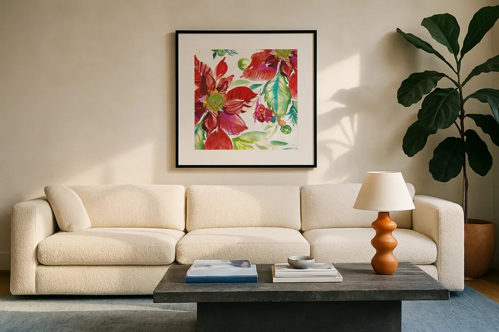 Poinsettia Pretty II by Kristy Rice. Displayed in a glass frame with matte in a clean modern living room. Available as an archival giclee rolled canvas, fine art paper, or poster print. SKU 41891a.