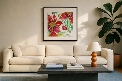 Poinsettia Pretty II by Kristy Rice. Displayed in a glass frame with matte in a clean modern living room. Available as an archival giclee rolled canvas, fine art paper, or poster print. SKU 41891a.