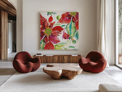 Poinsettia Pretty II by Kristy Rice. Shown as extra-large giant wall art in a modern living room. Available as an archival giclee rolled canvas, fine art paper, or poster print. SKU 41891a.