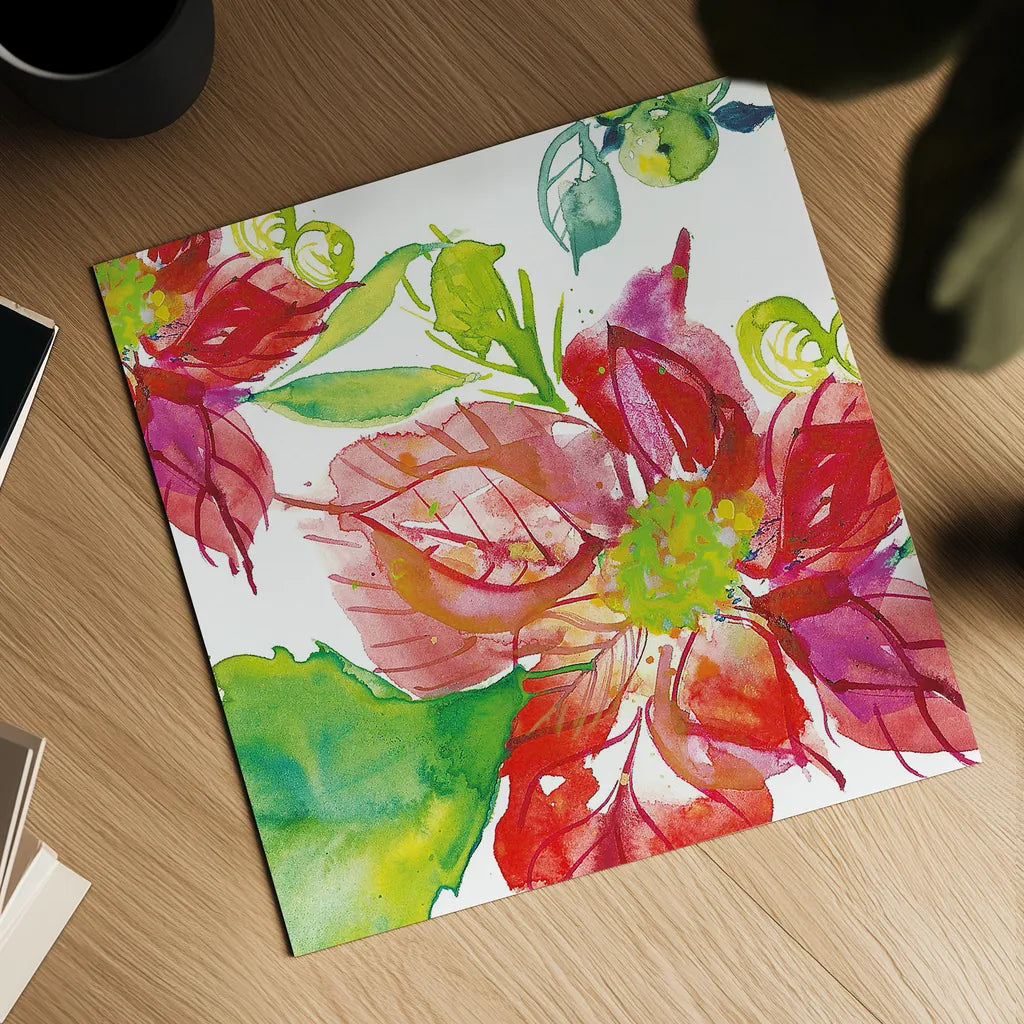 Poinsettia Pretty III by Kristy Rice. Shown as a detailed flat fine art print, highlighting archival giclee quality. Available as an archival giclee rolled canvas, fine art paper, or poster print. SKU 41892a.