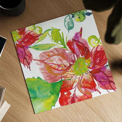 Poinsettia Pretty III by Kristy Rice. Shown as a detailed flat fine art print, highlighting archival giclee quality. Available as an archival giclee rolled canvas, fine art paper, or poster print. SKU 41892a.