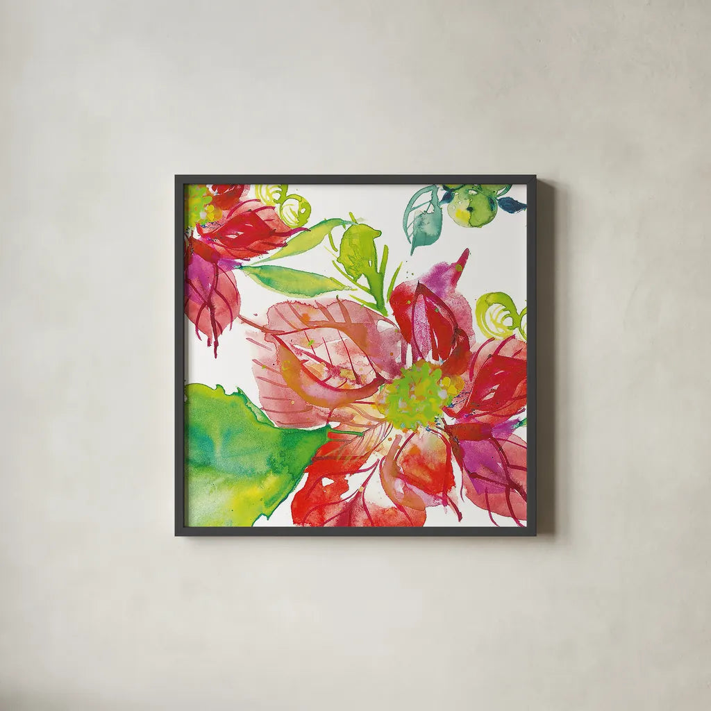 Poinsettia Pretty III by Kristy Rice. Shown in a sleek black glass frame for a contemporary gallery look. Available as an archival giclee rolled canvas, fine art paper, or poster print. SKU 41892a.