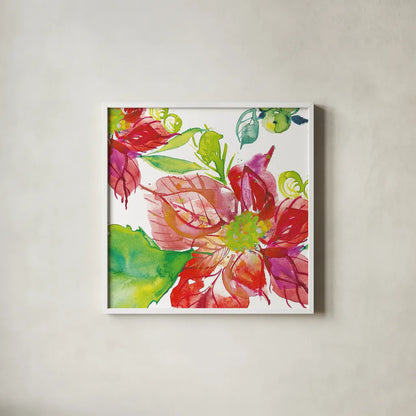 Poinsettia Pretty III by Kristy Rice. Shown in a crisp white glass frame for a clean and minimalist style. Available as an archival giclee rolled canvas, fine art paper, or poster print. SKU 41892a.
