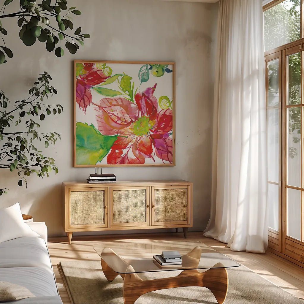 Poinsettia Pretty III by Kristy Rice. Shown in a natural wood frame in a cozy modern living room. Available as an archival giclee rolled canvas, fine art paper, or poster print. SKU 41892a.